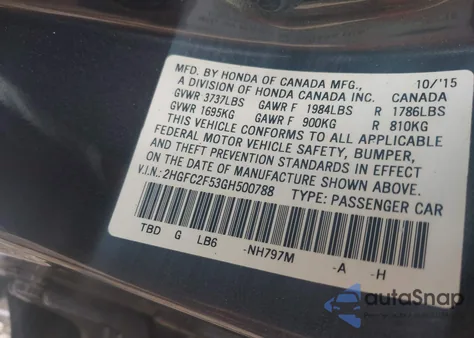 2016 Honda Civic Lx из США, поврежденный, VIN 2HGFC2F53GH500788